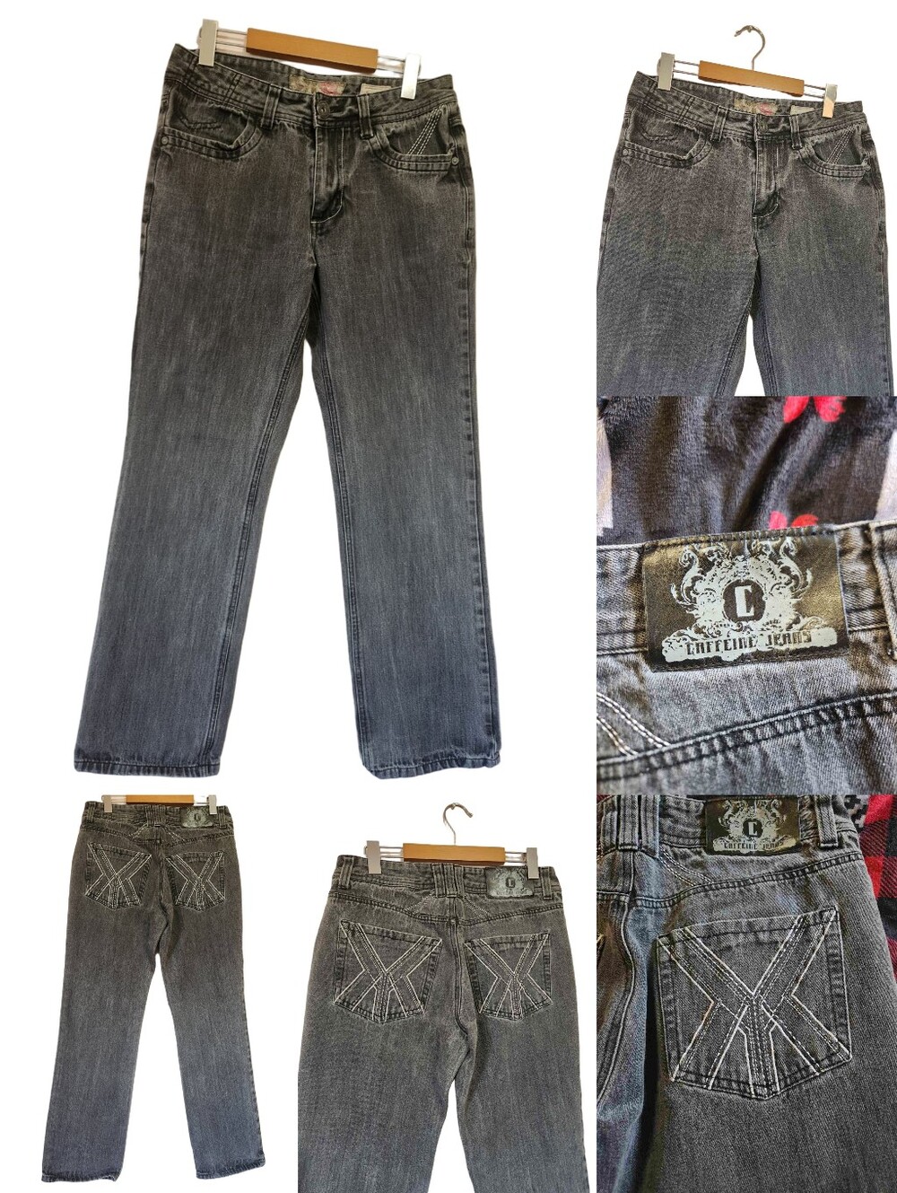 Vintage Y2K Caffeine Jeans Baggy Skater Acid Wash Black Embroidered Size 30